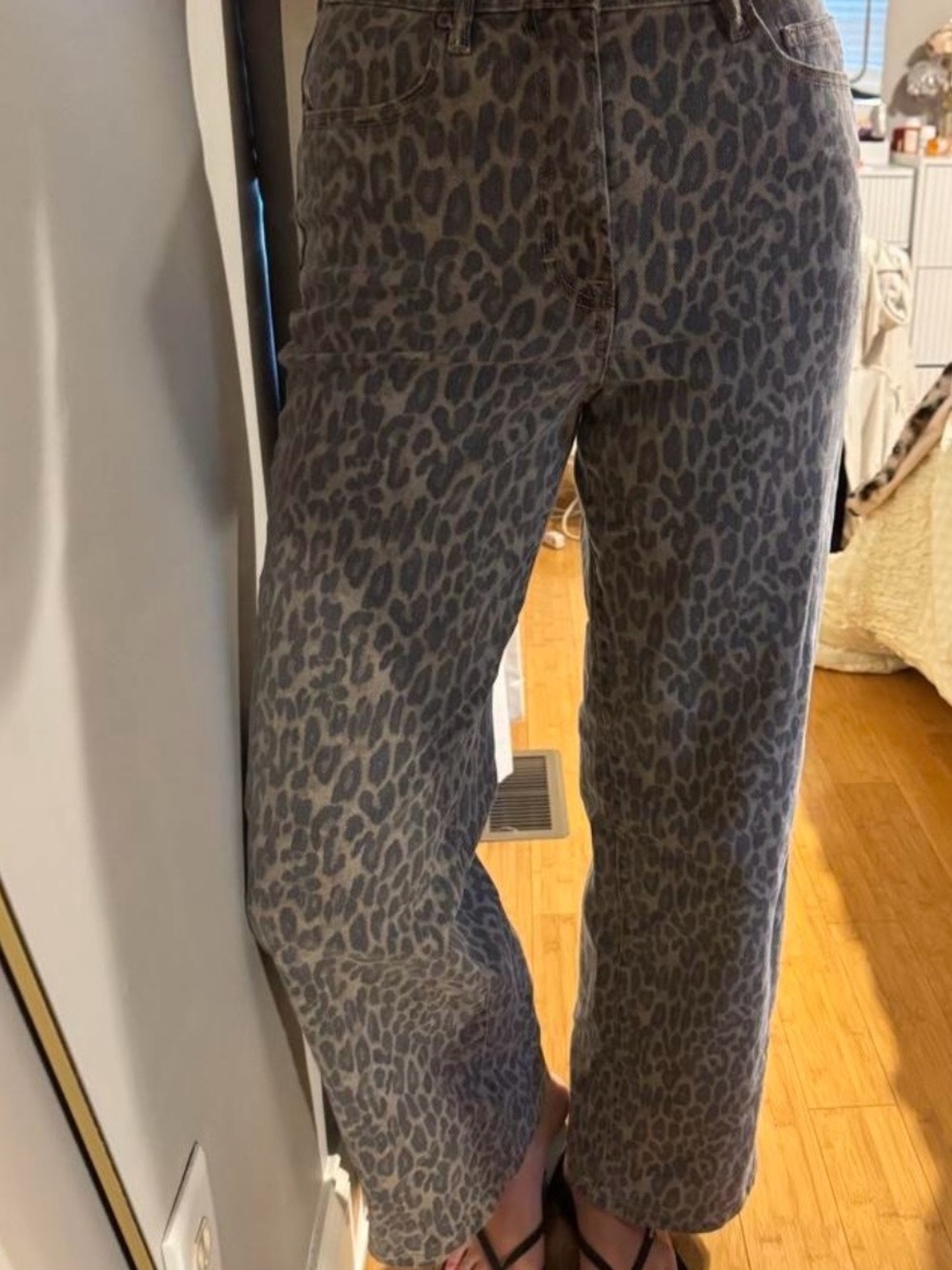 Women’s Grey Leopard Print Straight Leg Jeans